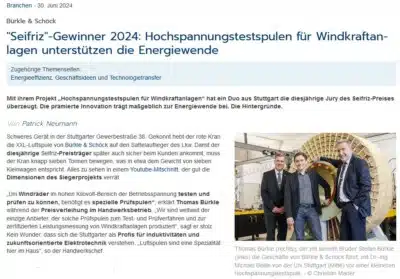 Bericht des handwerk-magazins über die mit dem Seifriz-Preis ausgezeichneten Hochspannungstestspulen für Windkraftanlagen