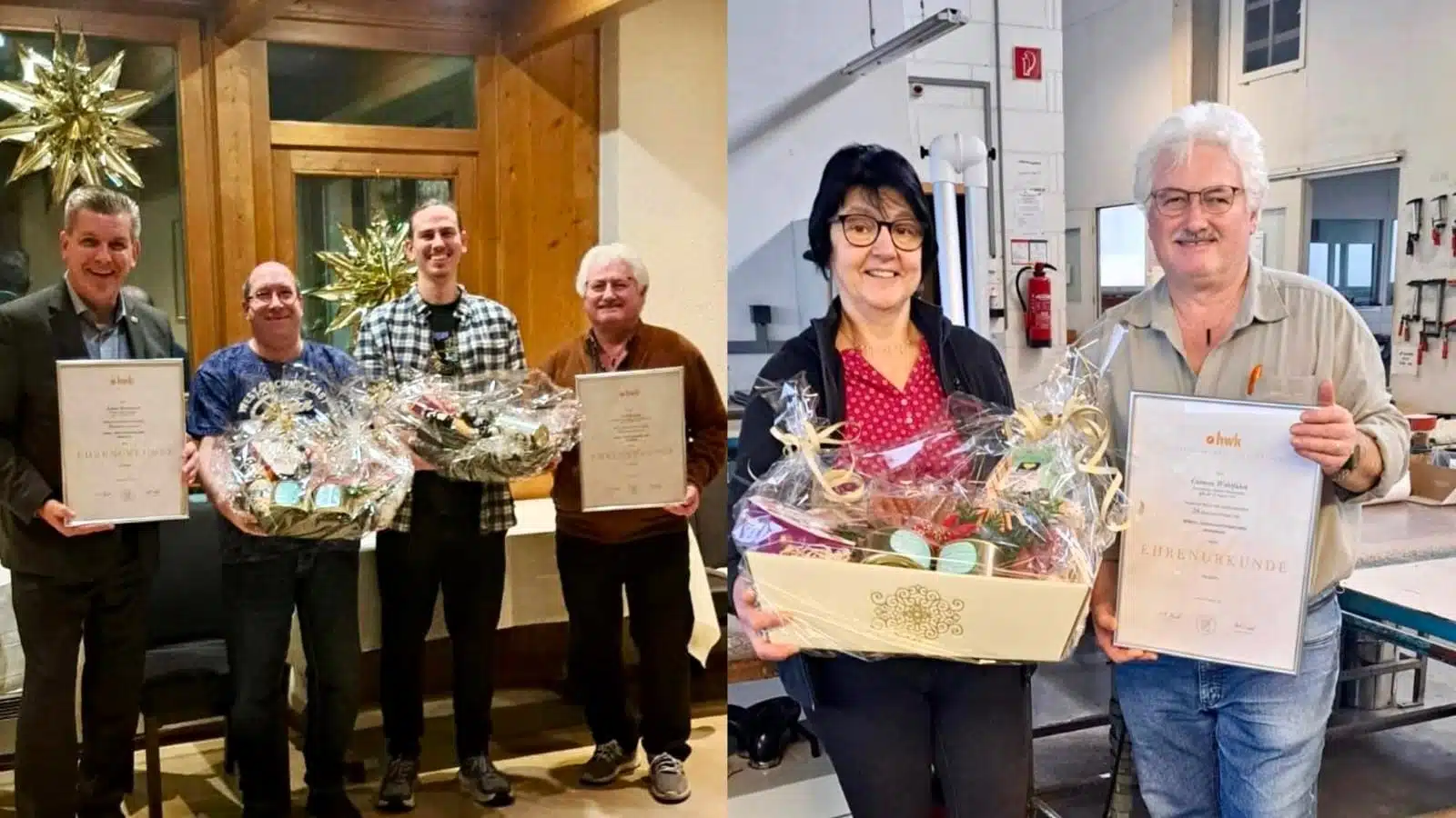 Ehrung langjährige Mitarbeitende 2025 - Achim Ostermayer (25 Jahre), Carmen Wohlfahrt (20 Jahre), Nick Krieger (10 Jahre), Margit Singheber (35 Jahre)